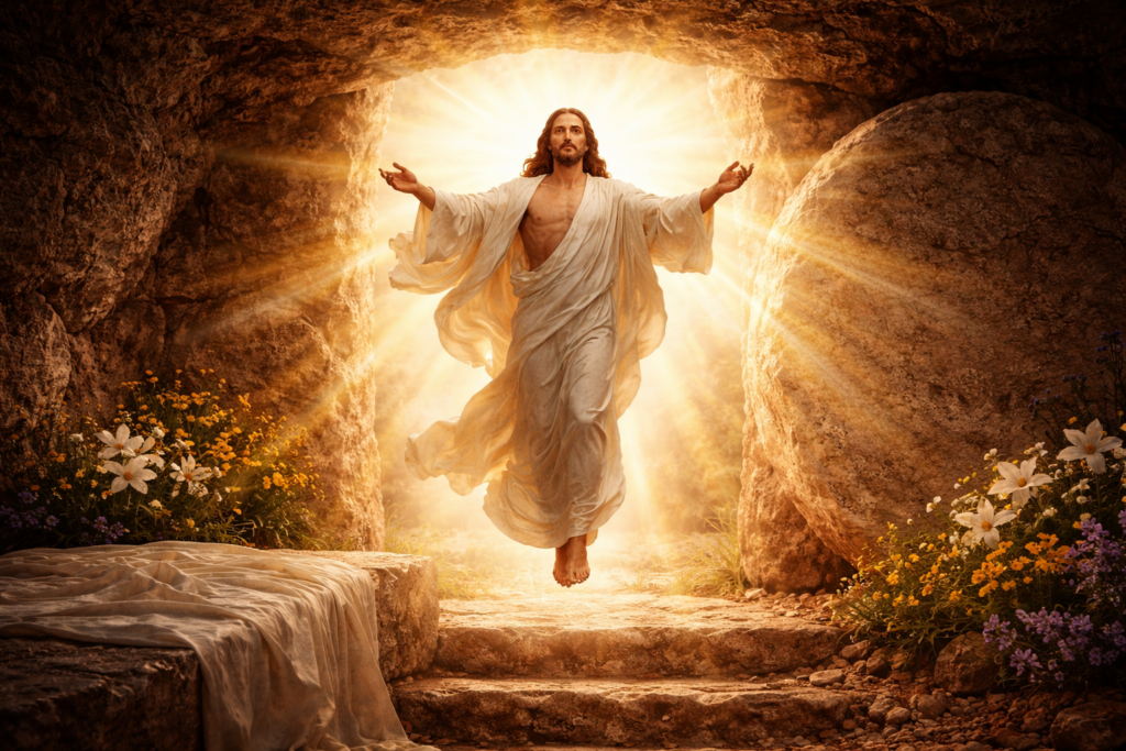 Jesus Christ rising from the tomb in glory on Easter Sunday