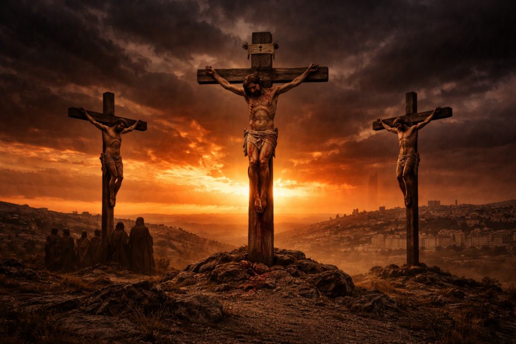 Jesus Christ crucified on the cross with two thieves on Good Friday at Golgotha