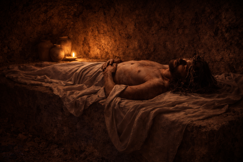 The body of Jesus Christ lying in the tomb on Holy Saturday after the crucifixion