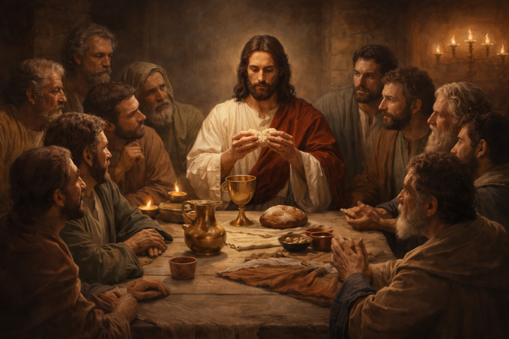 Jesus sharing the Last Supper with His disciples and instituting the Eucharist