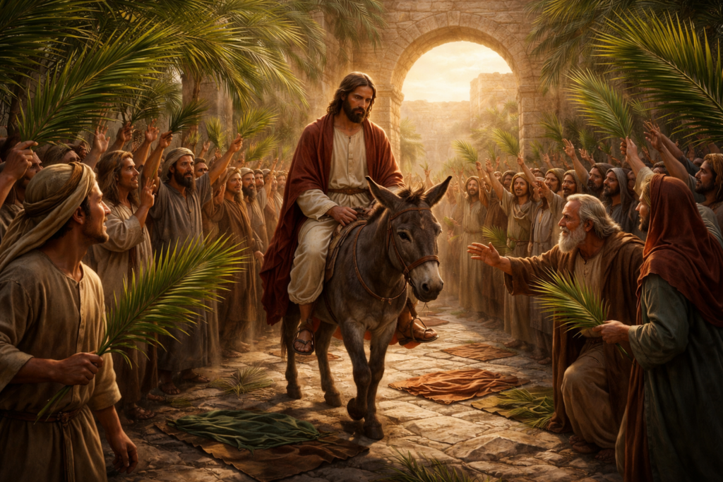 Jesus entering Jerusalem on a donkey as people wave palm branches on Palm Sunday